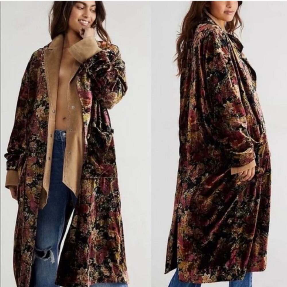 Free People Simone Black Rose Floral Velvet Duster Coat Size Medium